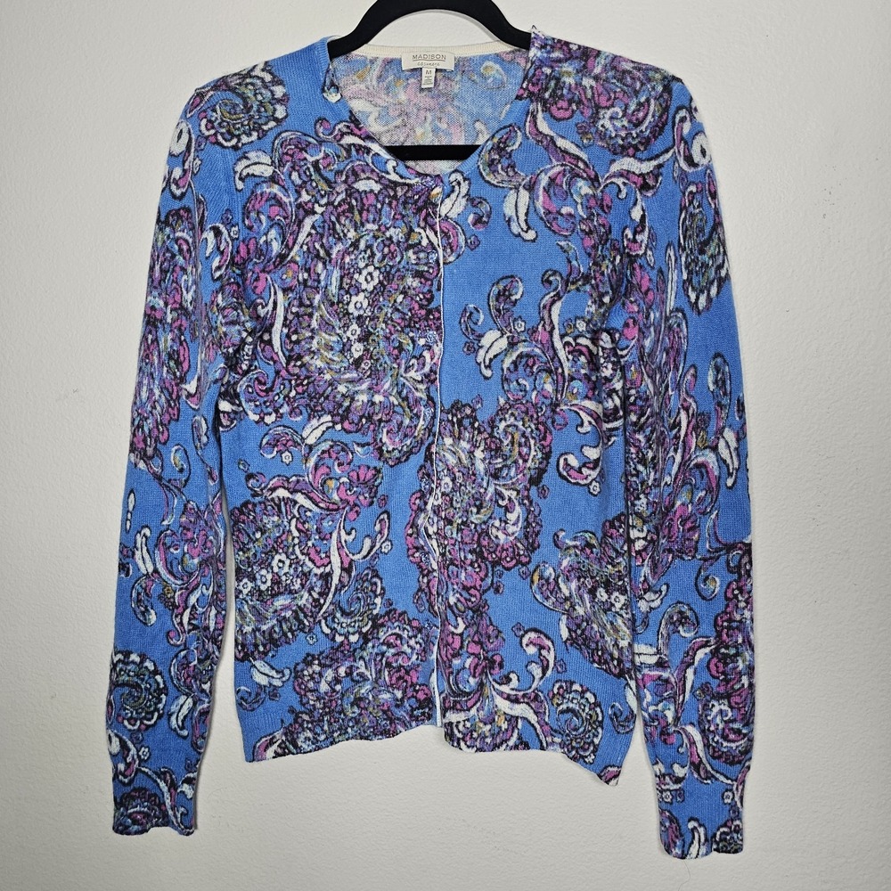 MADISON Cashmere Cardigan Sweater Womans M Blue Paisley Button Front Long Sleeve